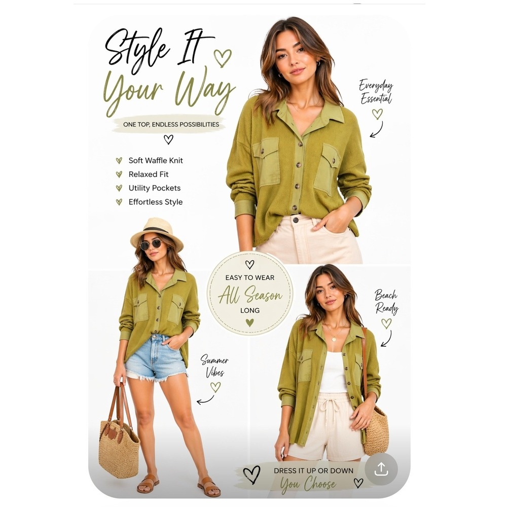 Ces Femme Waffle Knit Button Front Olive Green Pockets Long Sleeve Top XLarge